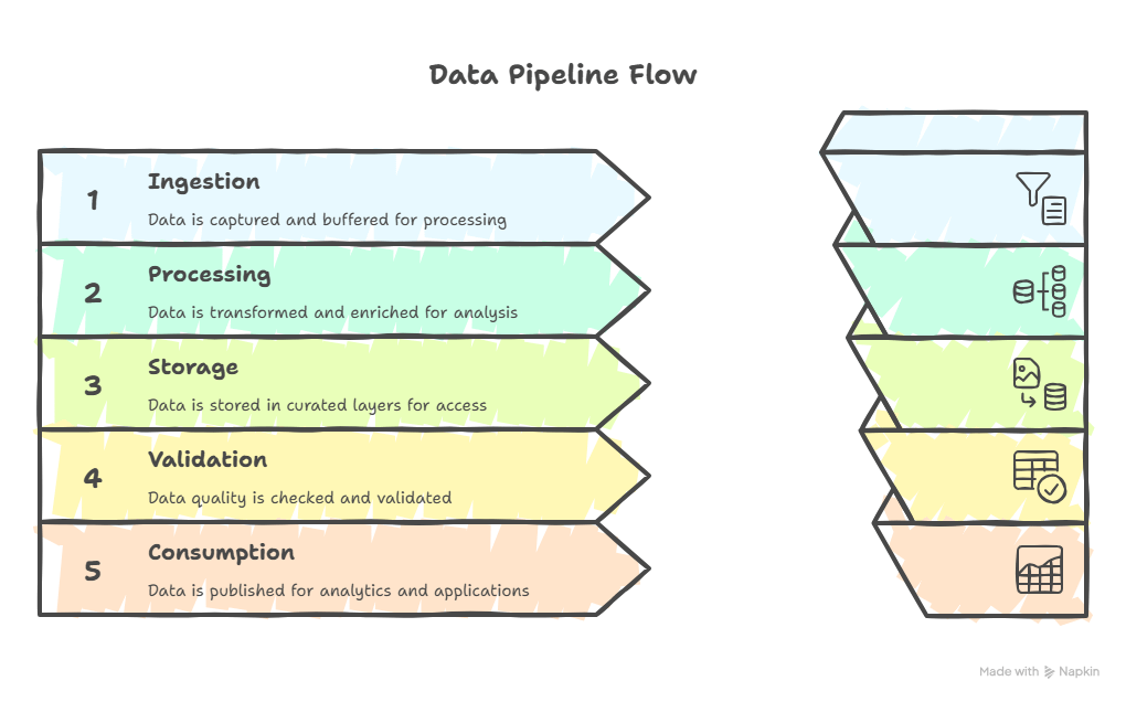 A flowchart illustrating the data pipeline process, including steps for ingestion, processing, storage, validation, and consumption, with corresponding descriptions and icons.