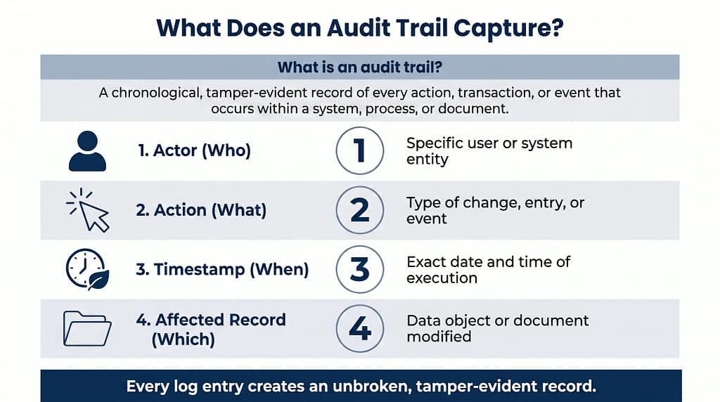 Infographic explaining audit trails, detailing four key elements: Actor (Who), Action (What), Timestamp (When), and Affected Record (Which).