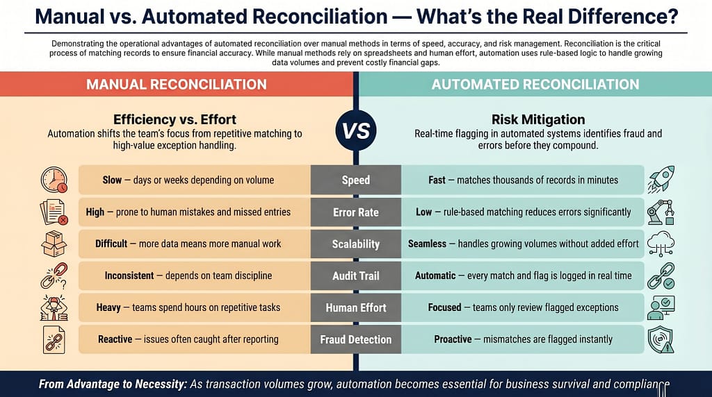 Infographic comparing manual and automated reconciliation highlighting efficiency vs. effort and risk mitigation. Manual reconciliation is slower, prone to human errors, difficult, inconsistent, heavy, and reactive, while automated reconciliation is fast, has low error rates, is seamless, automatic, focused, and proactive.